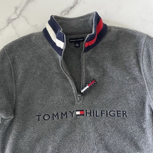 Tommy Hilfiger Vtg Fleece Jacket Flag Spell Out Sweater Y2K Grunge Pullover Sz M - Picture 4 of 10